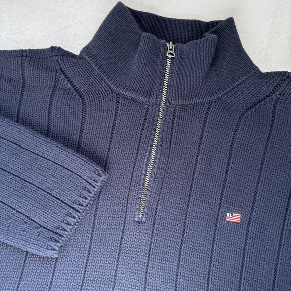 Polo Jeans Co Ralph Lauren Sweater Mens Large Navy Blue Half Zip Cotton Pullover - Picture 1 of 10